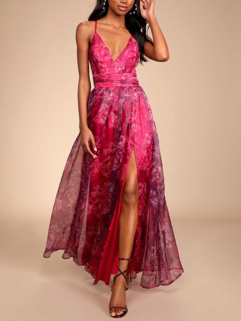 BRAND NEW / Magenta Floral Print Organza Maxi Dress Pink - Size M
